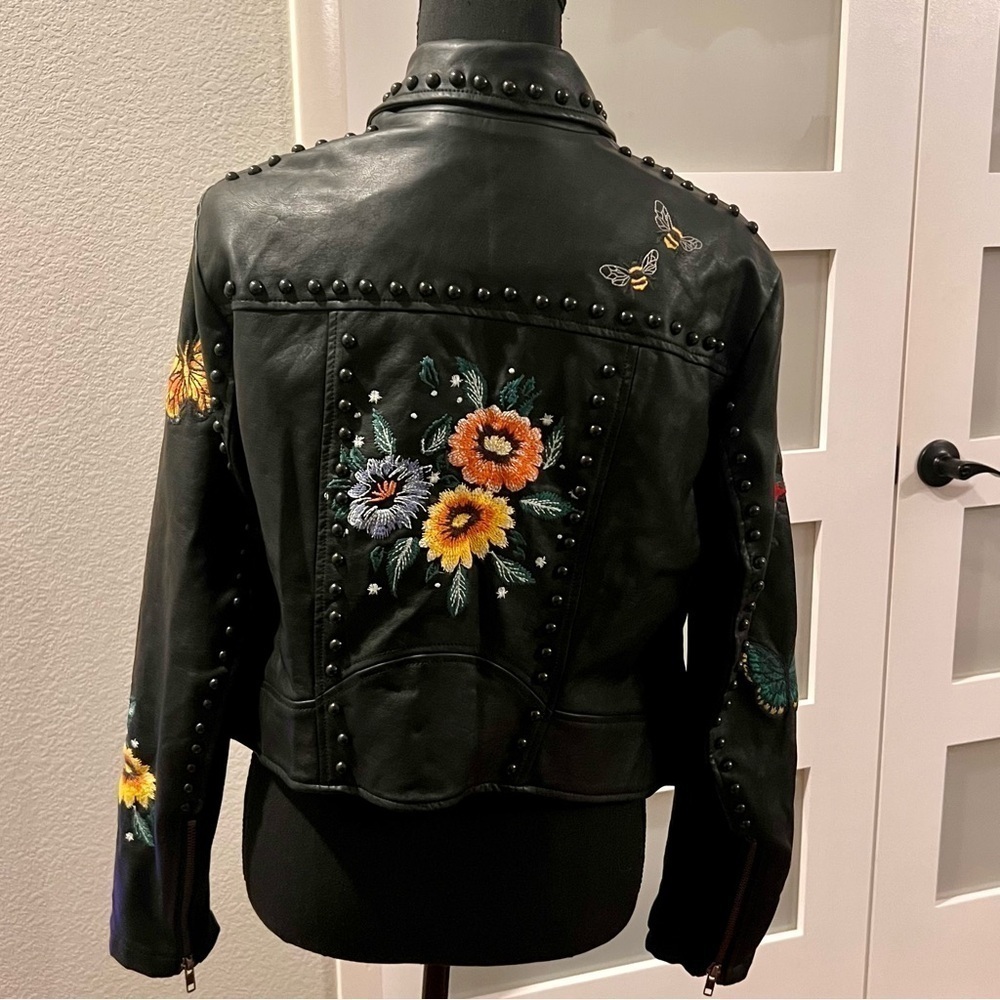 Embroidered Black Leather Floral Moto Jacket